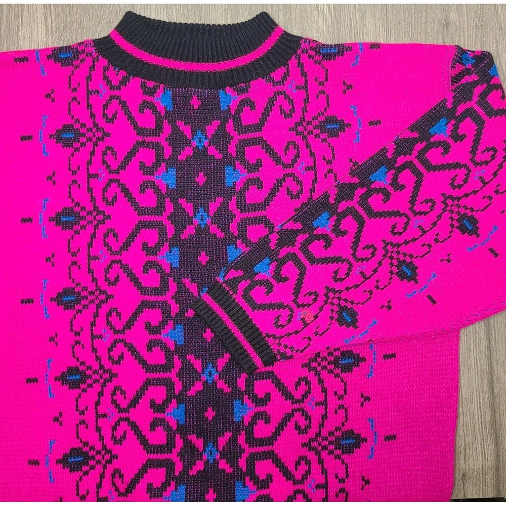 Vtg Picket & Post Sweater Womens L Pink Black Geometric 80s 90s Acrylic Pullover